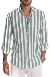 jmierr men's old money aesthetic cotton linen shirts casual stylish long sleeve button-up vertical striped dress shirts summer beach shirt for men, xl, grey green and white stripe