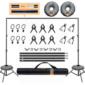 backdrop stand, photo video studio 6.5 x10ft adjustable support portable backdrop stand heavy duty for photoshoot, parties, projector screen with 2 water bag, 6 backdrop clips,6 curtain ring clip