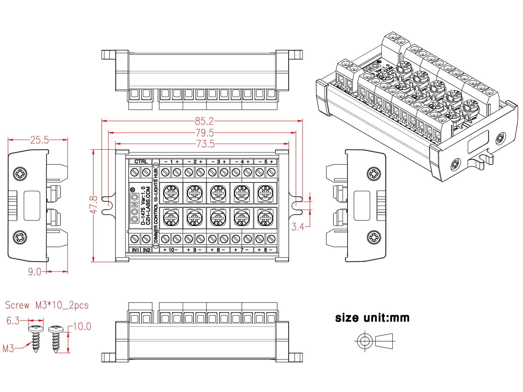 Dimmer Control 10-Lights LED Hub Distribution Module, AC/DC 5 to 24V Input, for HO/N/O Train Model