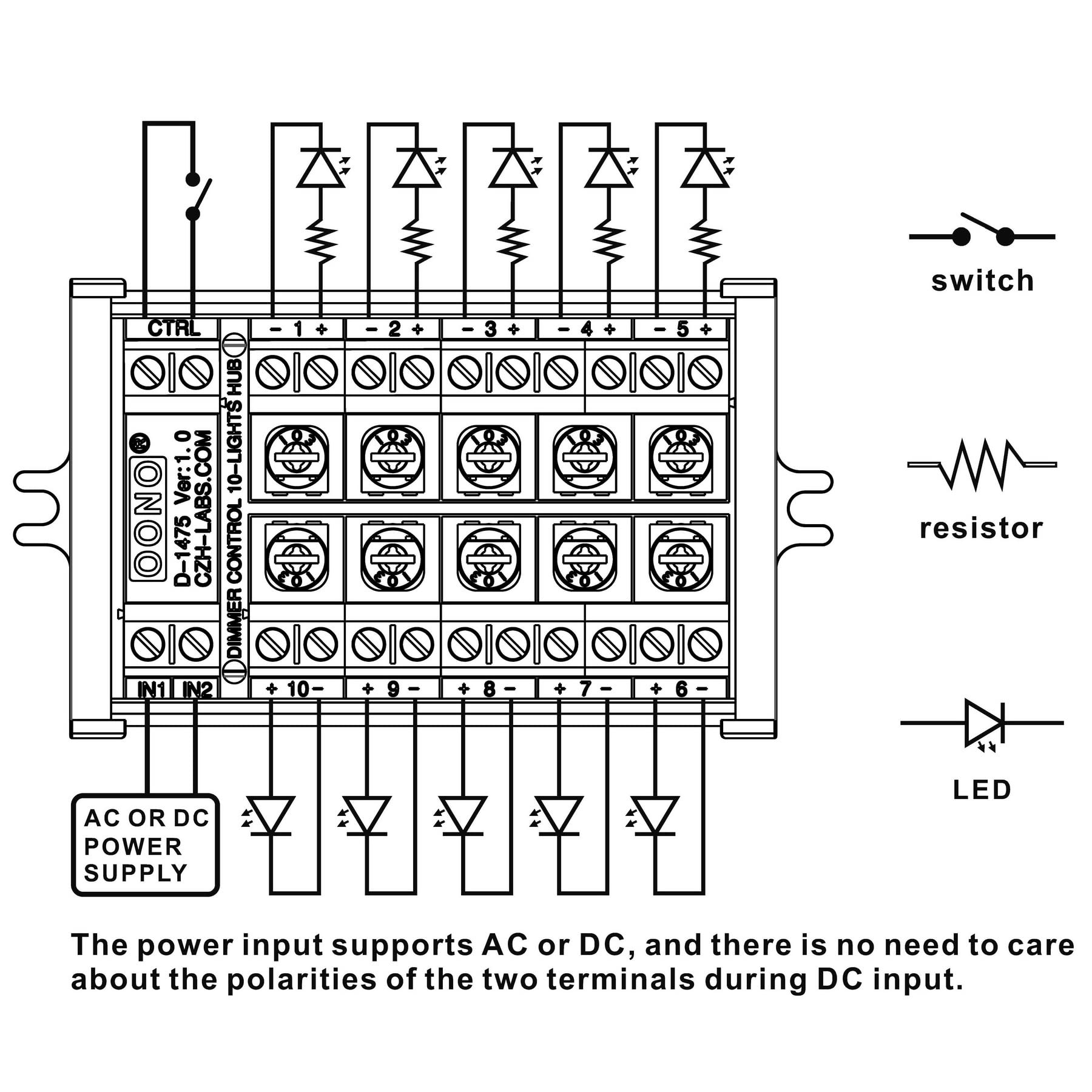 Dimmer Control 10-Lights LED Hub Distribution Module, AC/DC 5 to 24V Input, for HO/N/O Train Model