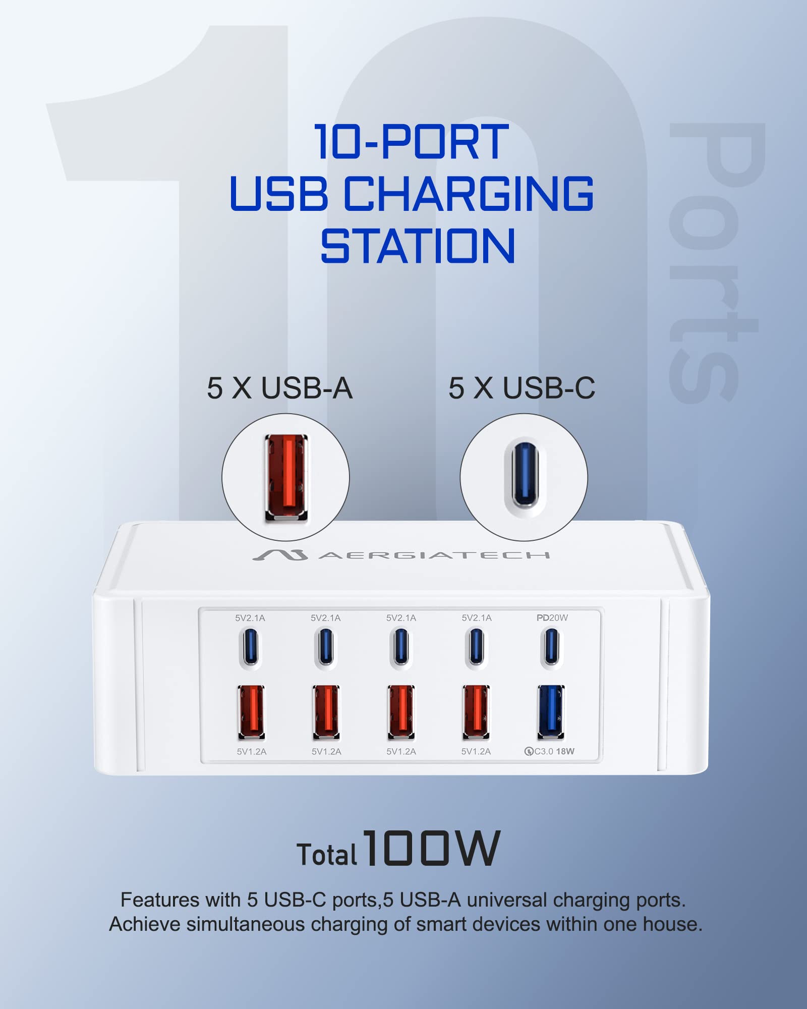 Aergiatech USB C Charger Station, 10-Port 100W Charging Hub with PD3.0 and QC3.0 Fast Charging for Multiple Devices, Compatible with iPhone 15/Pro/14/13, iPad Air/Pro, Galaxy -White