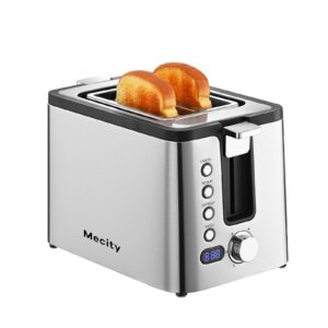 mecity toaster 2 slice stainless steel toaster countdown timer, bagel/defrost/reheat/cancel functions,warming rack, removable tray, 6 browning settings, extra wide slots, bread toaster, 800w