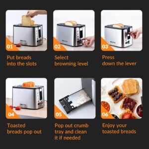 Mecity Toaster 2 Slice Stainless Steel Toaster Countdown Timer, Bagel/Defrost/Reheat/Cancel Functions,Warming Rack, Removable Tray, 6 Browning Settings, Extra Wide Slots, Bread Toaster, 800W