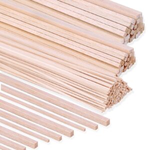 222 pieces wood strips balsa square wooden dowels 1/8 inch, 3/16 inch, 1/4 inch, square dowel rods 12 inch hardwood unfinished wood sticks for crafts diy projects models making supplies
