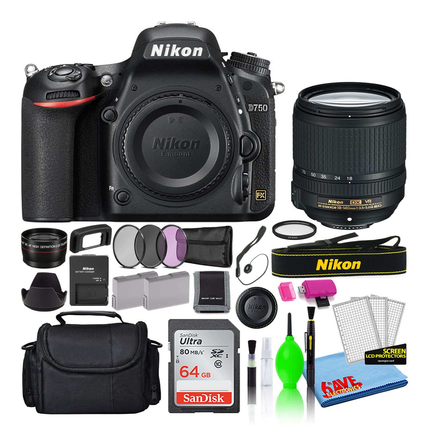 Nikon D750 24.3MP DSLR Digital Camera with 18-140mm VR Lens (1581) Deluxe Bundle with 64GB SD Card + Large Camera Bag + Filter Kit + Spare Battery + Telephoto Lens (Renewed)