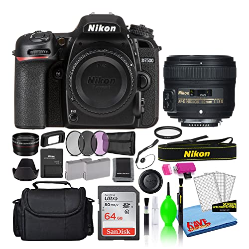 Nikon D7500 20.9MP DSLR Digital Camera with AF-S 50mm f/1.8G Lens (1581) Deluxe Bundle with 64GB SD Card + Large Camera Bag + Filter Kit + Spare Battery + Telephoto Lens (Renewed)