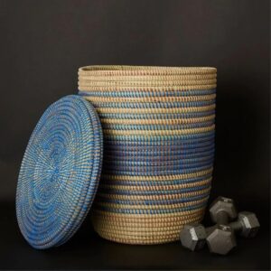 handwoven storage basket blue stripe flat lid (16" small)