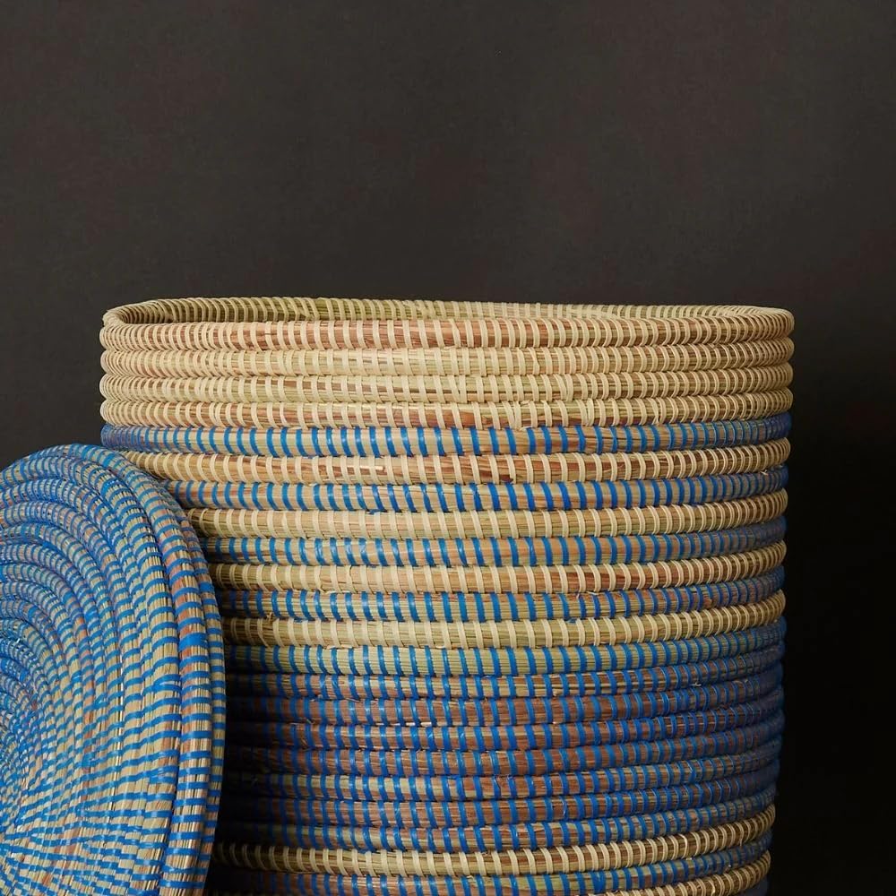 Handwoven Storage Basket Blue Stripe Flat Lid (16" Small)