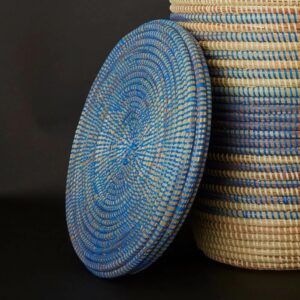 Handwoven Storage Basket Blue Stripe Flat Lid (16" Small)