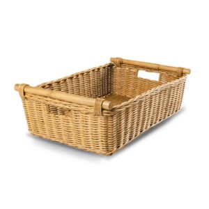 the basket lady low pole handle wicker storage basket, extra large, 21.5 in l x 14.5 in w x 6.5 in h, sandstone