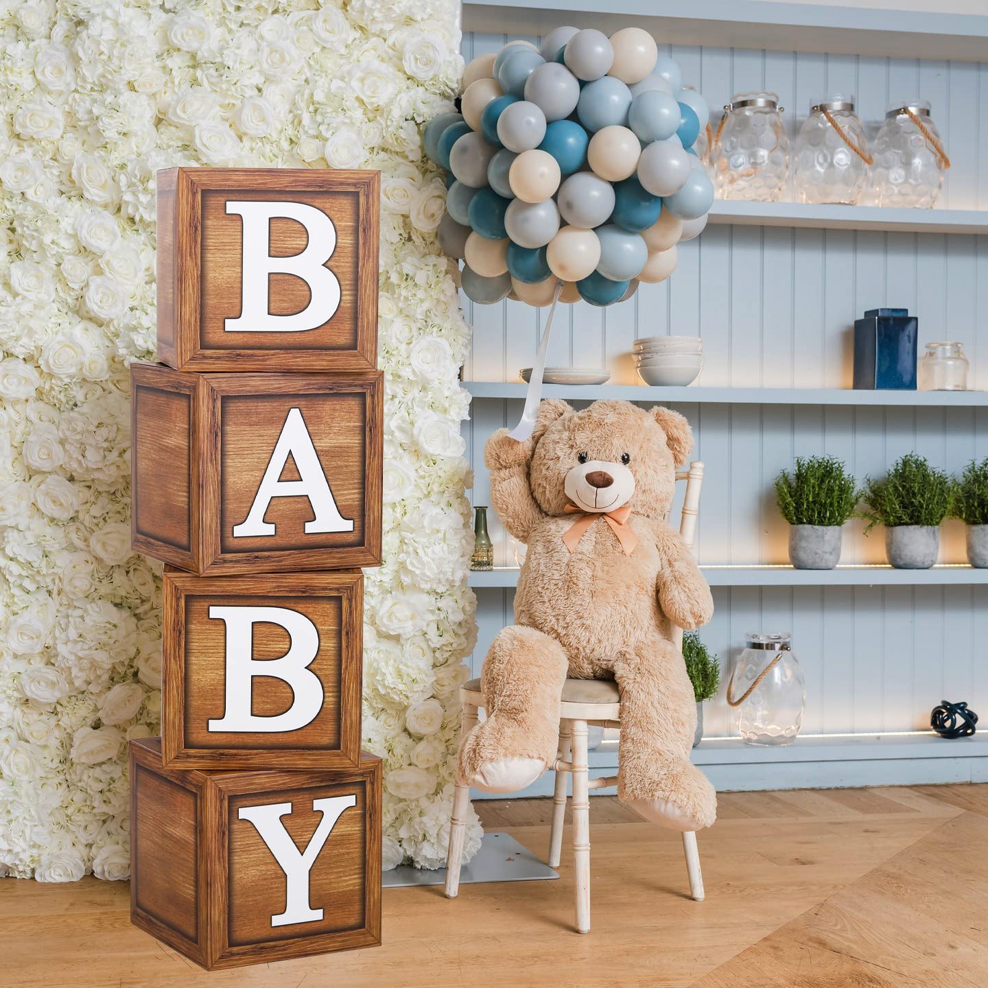 Baby Shower Boxes for Birthday Decorations – 4 Wood Grain Brown BABY Balloon Boxes, Baby Boxes for First Birthday Centerpiece Decor, Teddy Bear Baby Shower Supplies, Gender Reveal Backdrop