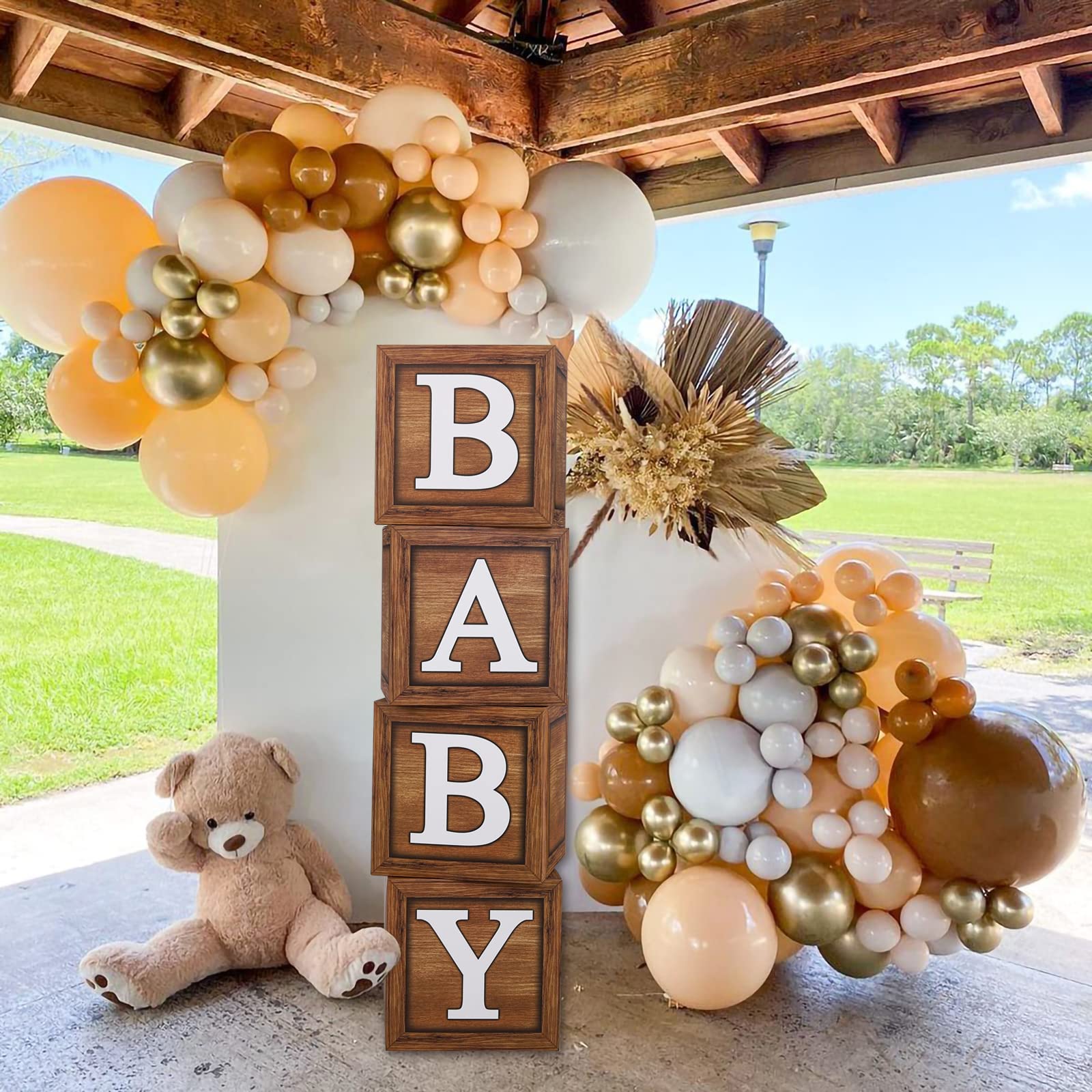 Baby Shower Boxes for Birthday Decorations – 4 Wood Grain Brown BABY Balloon Boxes, Baby Boxes for First Birthday Centerpiece Decor, Teddy Bear Baby Shower Supplies, Gender Reveal Backdrop