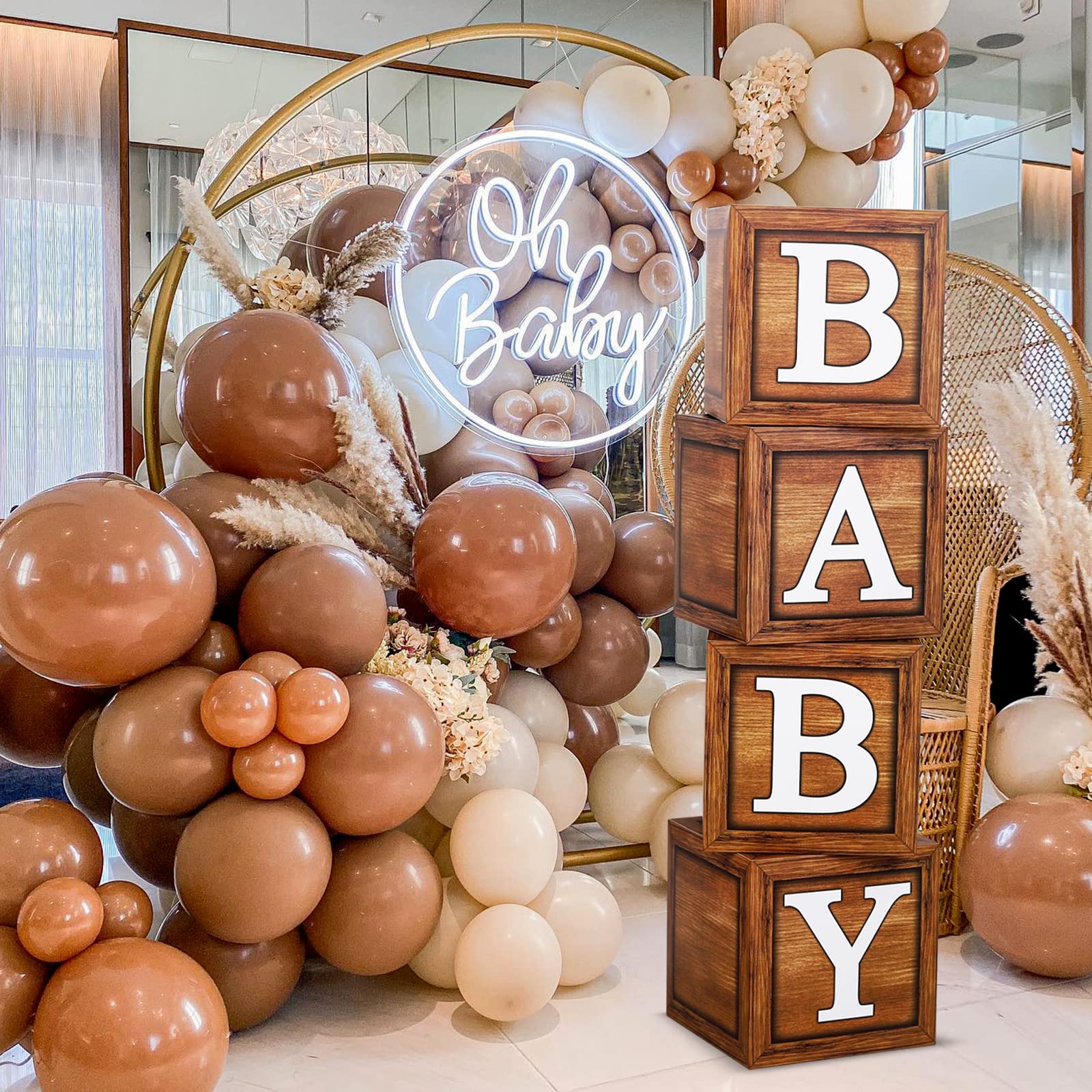 Baby Shower Boxes for Birthday Decorations – 4 Wood Grain Brown BABY Balloon Boxes, Baby Boxes for First Birthday Centerpiece Decor, Teddy Bear Baby Shower Supplies, Gender Reveal Backdrop