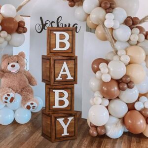 Baby Shower Boxes for Birthday Decorations – 4 Wood Grain Brown BABY Balloon Boxes, Baby Boxes for First Birthday Centerpiece Decor, Teddy Bear Baby Shower Supplies, Gender Reveal Backdrop