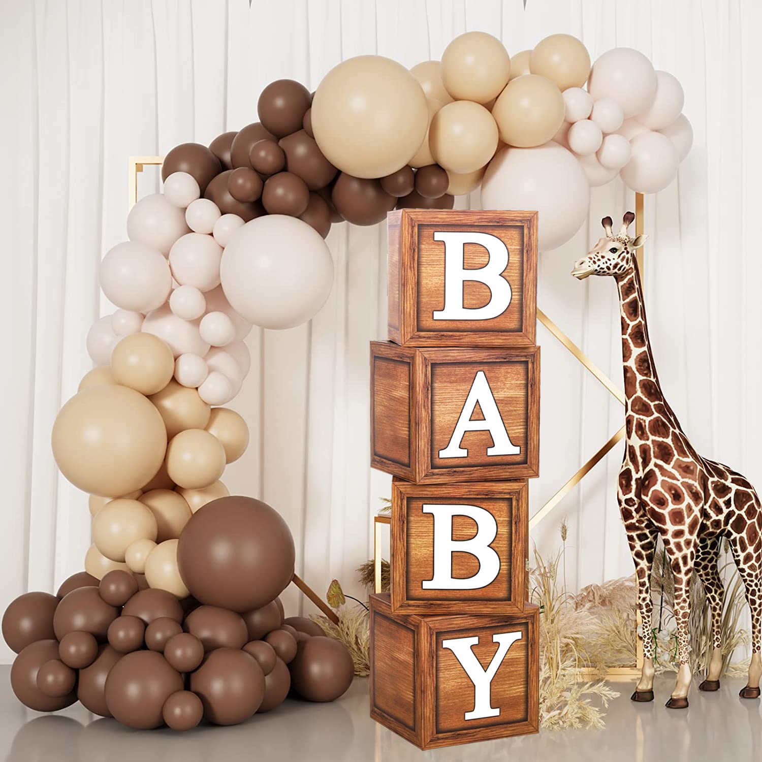 Baby Shower Boxes for Birthday Decorations – 4 Wood Grain Brown BABY Balloon Boxes, Baby Boxes for First Birthday Centerpiece Decor, Teddy Bear Baby Shower Supplies, Gender Reveal Backdrop