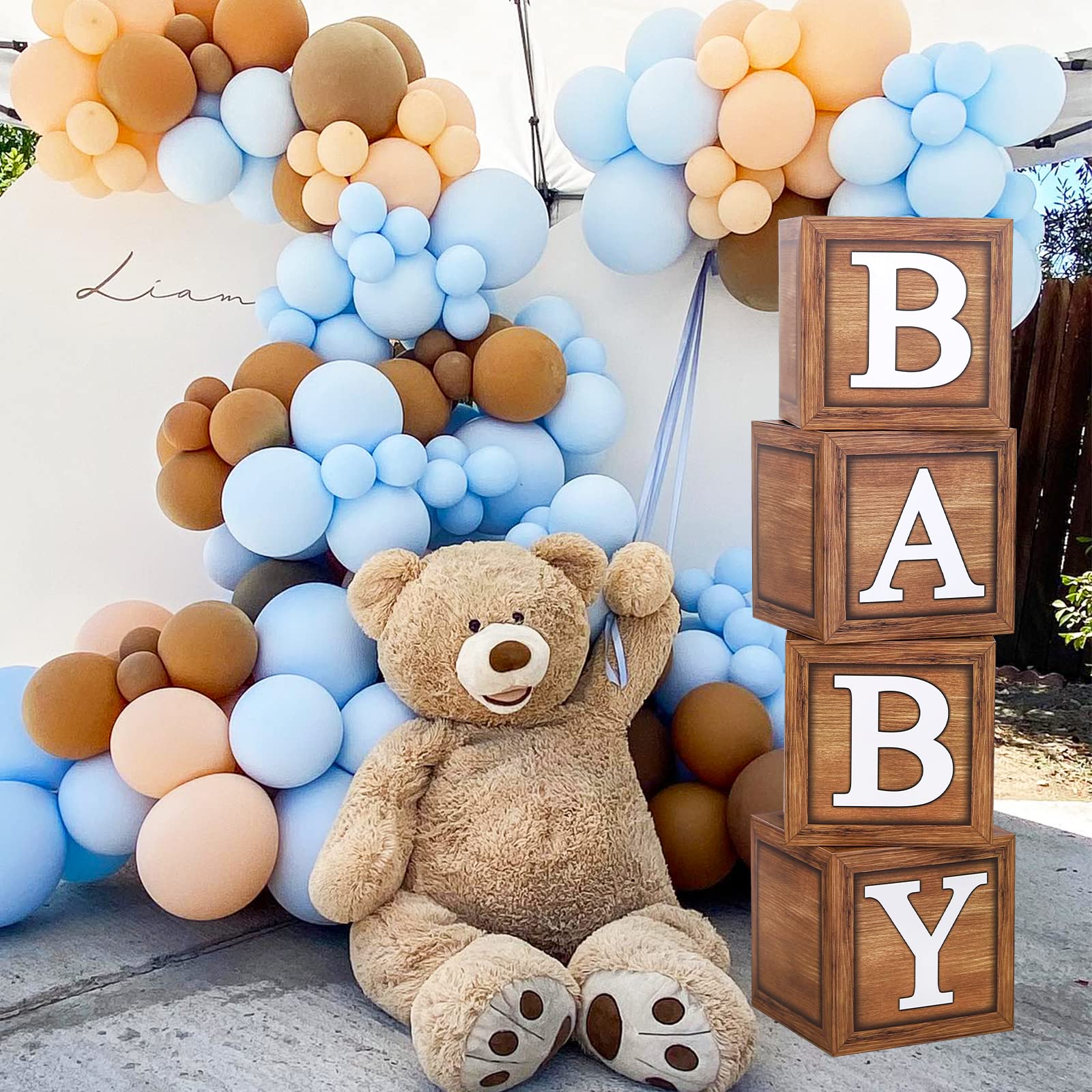 Baby Shower Boxes for Birthday Decorations – 4 Wood Grain Brown BABY Balloon Boxes, Baby Boxes for First Birthday Centerpiece Decor, Teddy Bear Baby Shower Supplies, Gender Reveal Backdrop