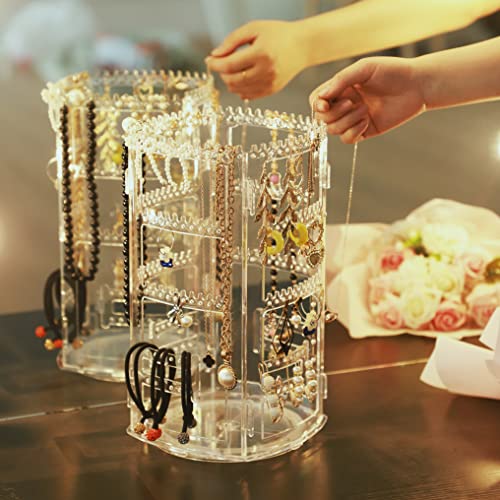 Cq acrylic 360 Rotating Earring Holder Organizer Clear Jewelry Displays Dangle Earinging Rack Necklace Bracelet Carousel Tree Towers,4 Tier Hanging Earring Display Stands For Selling,Pack of 1