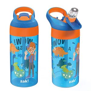 zak designs blippi kids water bottle with spout cover and built-in carrying loop, made of durable plastic, leak-proof water bottle design for travel (17.5 oz, pack of 2)