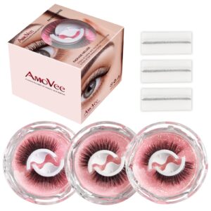 amovee self adhesive eyelashes, eyelashes fluffy natural look no glue needed, reusable false lashes easy put on (pack of 3 pairs)