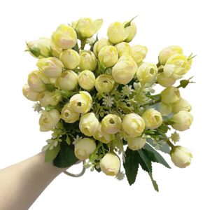 rose artificial flower, rifny 3 bunch 45 heads white mini artificial roses bouquet long 12.6'' with stem for diy home decorations bedroom, living room,balcony, tables vase and wedding party decoration