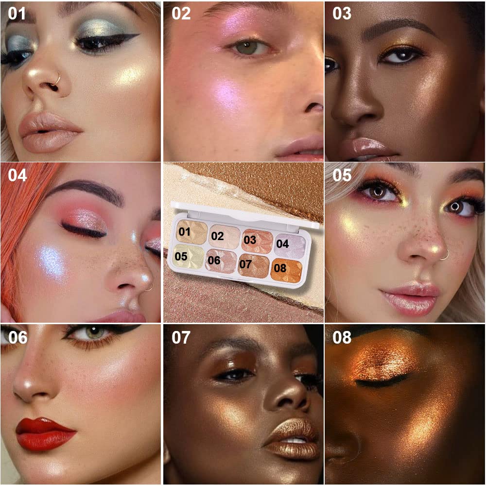 8 Colors Face Body Cheek Diamond Shimmer Highlighter Highlight Makeup Palette iluminadores de maquillaje,Highlighter+Makeup Gold Shimmer Blush Bronzer and Makeup Highlighter Powder C01