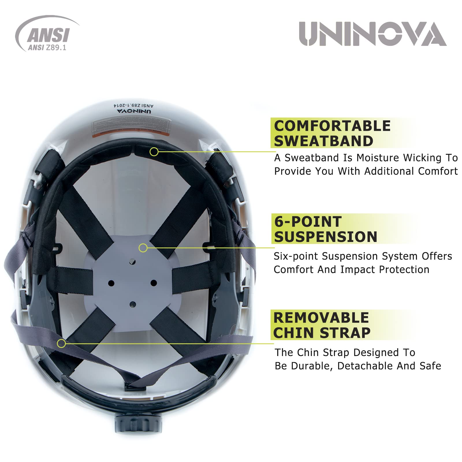 UNINOVA Hard Hats for Construction OSHA Safety Helmet 6 pt. Adjustable Suspension Cascos De Construccion ANSI Z89.1 Type I Class C Hardhats(S1 White)