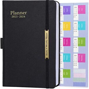 honfersm planner 2023-2024 academic year 18 months daily weekly and monthly planners agenda calendar notebook with 18 monthly tabs,elastic closure and back pocket,hardcover,a5 size - black