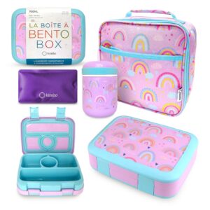 bento lunch box with thermos for kids set, insulated lunch bag with ice pack, stainless steel food jar for hot soup, boxes with 4 compartments, purple rainbow