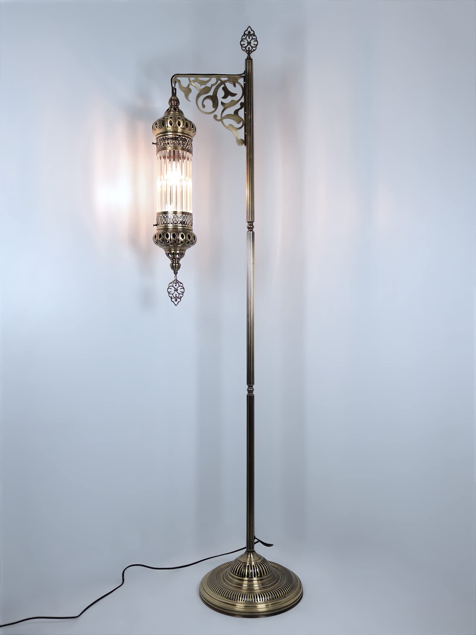 DEMMEX Turkish Moroccan Ottoman Era Style Antique Vintage Standing Floor Lamp, Antique Brass Metal Body, Shatterproof Pyrex Glass, 5.5 ft -165cm