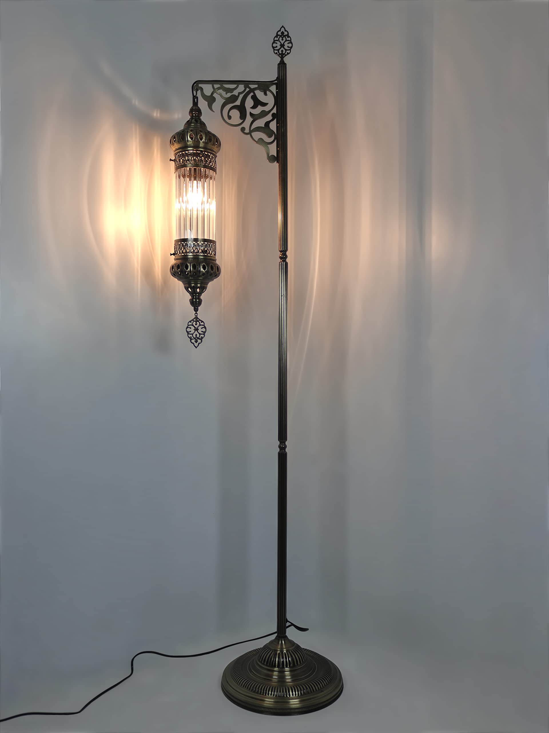 DEMMEX Turkish Moroccan Ottoman Era Style Antique Vintage Standing Floor Lamp, Antique Brass Metal Body, Shatterproof Pyrex Glass, 5.5 ft -165cm