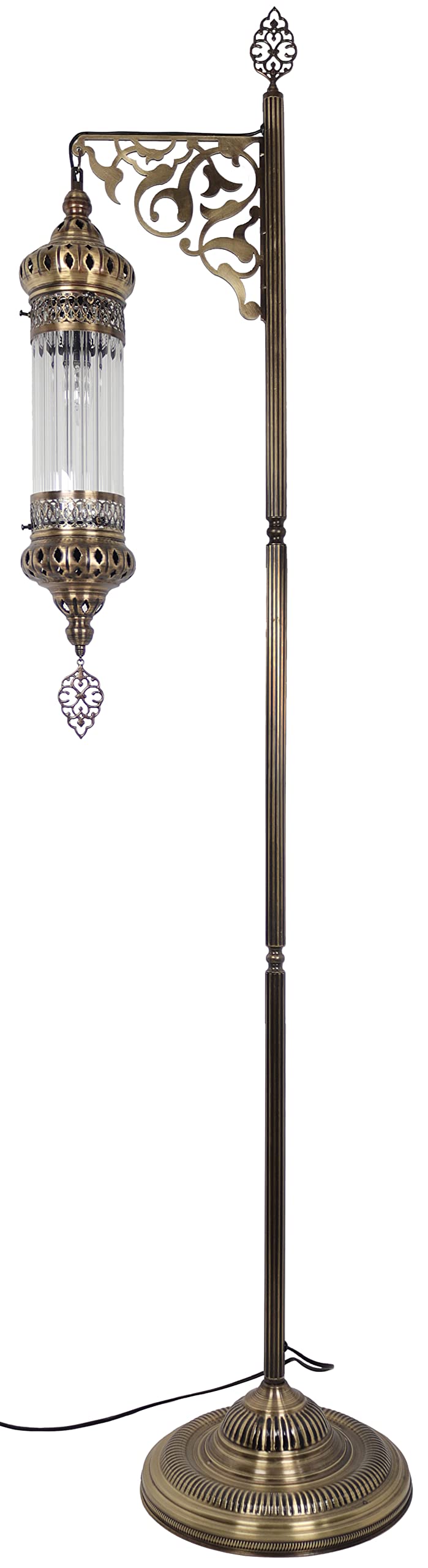 DEMMEX Turkish Moroccan Ottoman Era Style Antique Vintage Standing Floor Lamp, Antique Brass Metal Body, Shatterproof Pyrex Glass, 5.5 ft -165cm