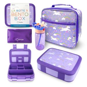 bento box with insulated lunch bag, ice pack & water bottle set for kids - 5 leakproof compartments, lunches or snack container girls, toddlers daycare pre-school, kindergarten purple unicorn