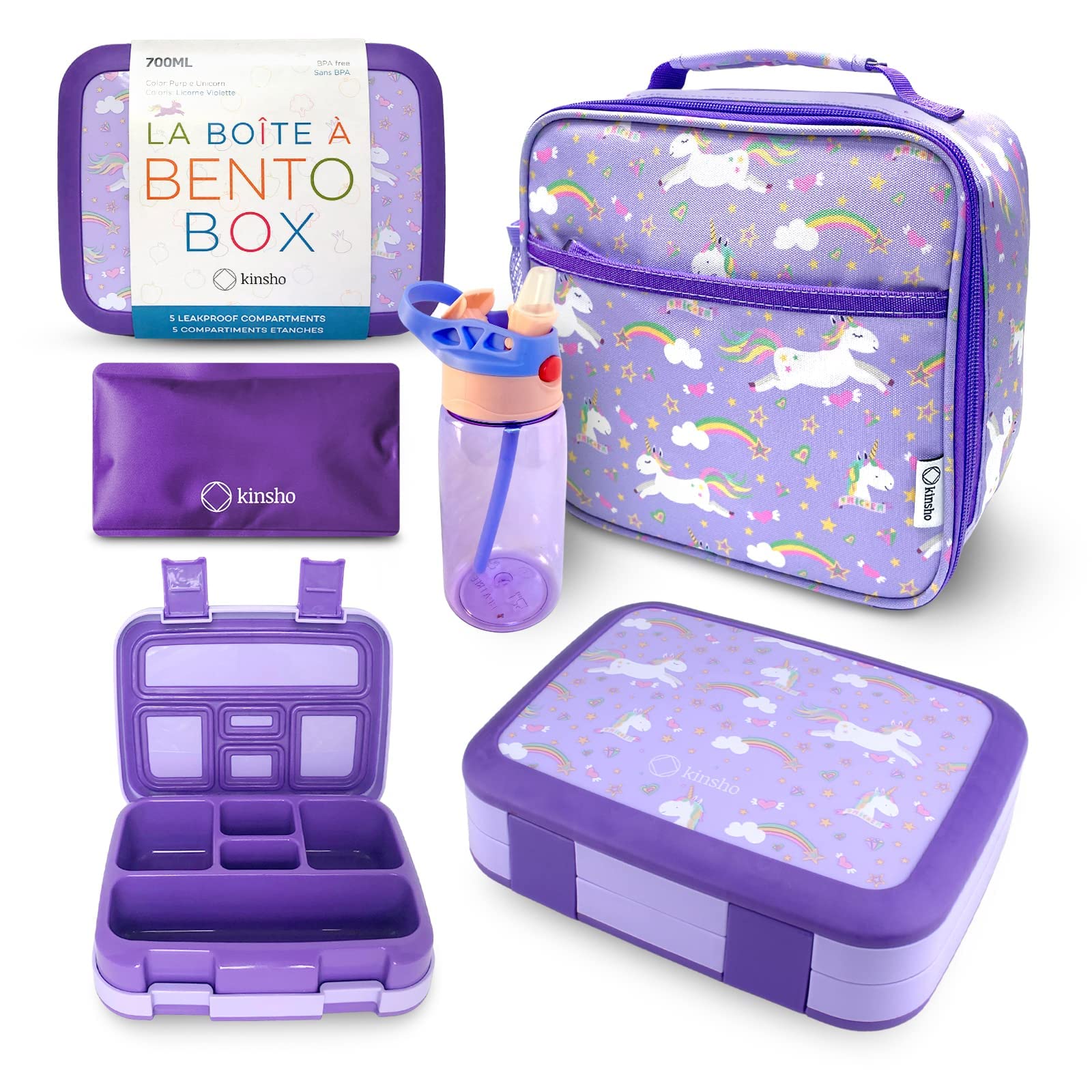 Bento Box with Insulated Lunch Bag, Ice Pack & Water Bottle Set for Kids - 5 Leakproof Compartments, Lunches or Snack Container Girls, Toddlers Daycare Pre-School, Kindergarten Purple Unicorn