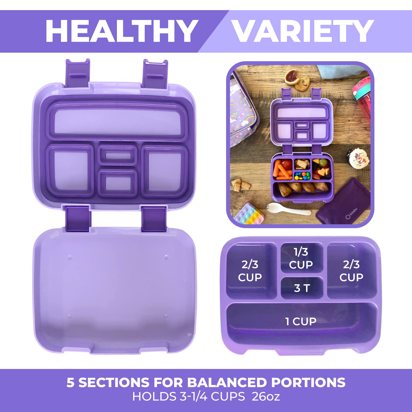 Bento Box with Insulated Lunch Bag, Ice Pack & Water Bottle Set for Kids - 5 Leakproof Compartments, Lunches or Snack Container Girls, Toddlers Daycare Pre-School, Kindergarten Purple Unicorn