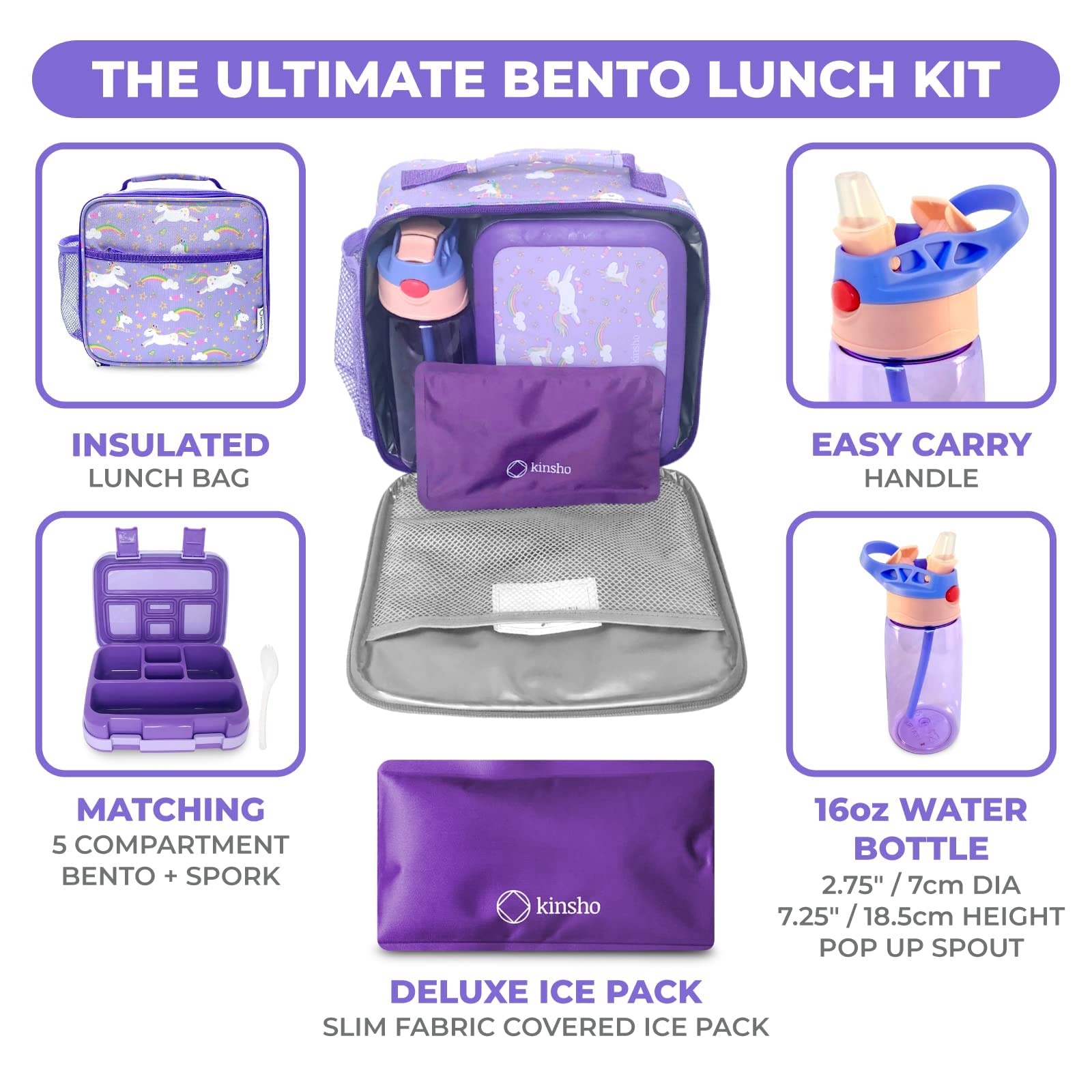 Bento Box with Insulated Lunch Bag, Ice Pack & Water Bottle Set for Kids - 5 Leakproof Compartments, Lunches or Snack Container Girls, Toddlers Daycare Pre-School, Kindergarten Purple Unicorn