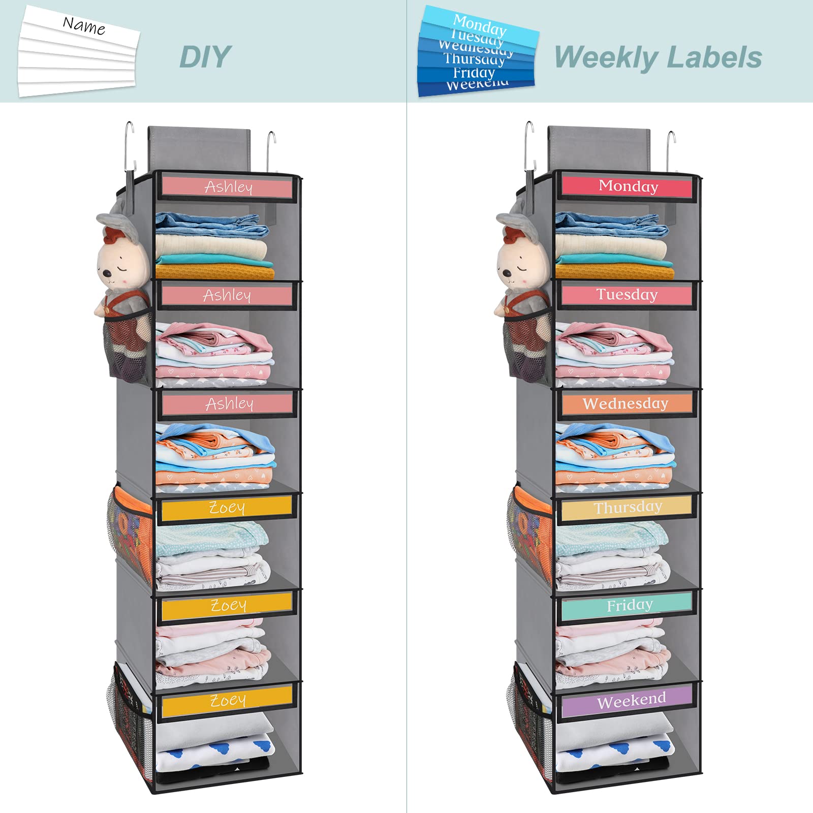 Fixwal 6-Shelf Weekly Hanging Closet Organizer for Kids with 6 Side Pockets, Weekday Kids Clothes Organizers Monday Through Friday Clothes Foldable Hanging Storage Shelves (Grey)