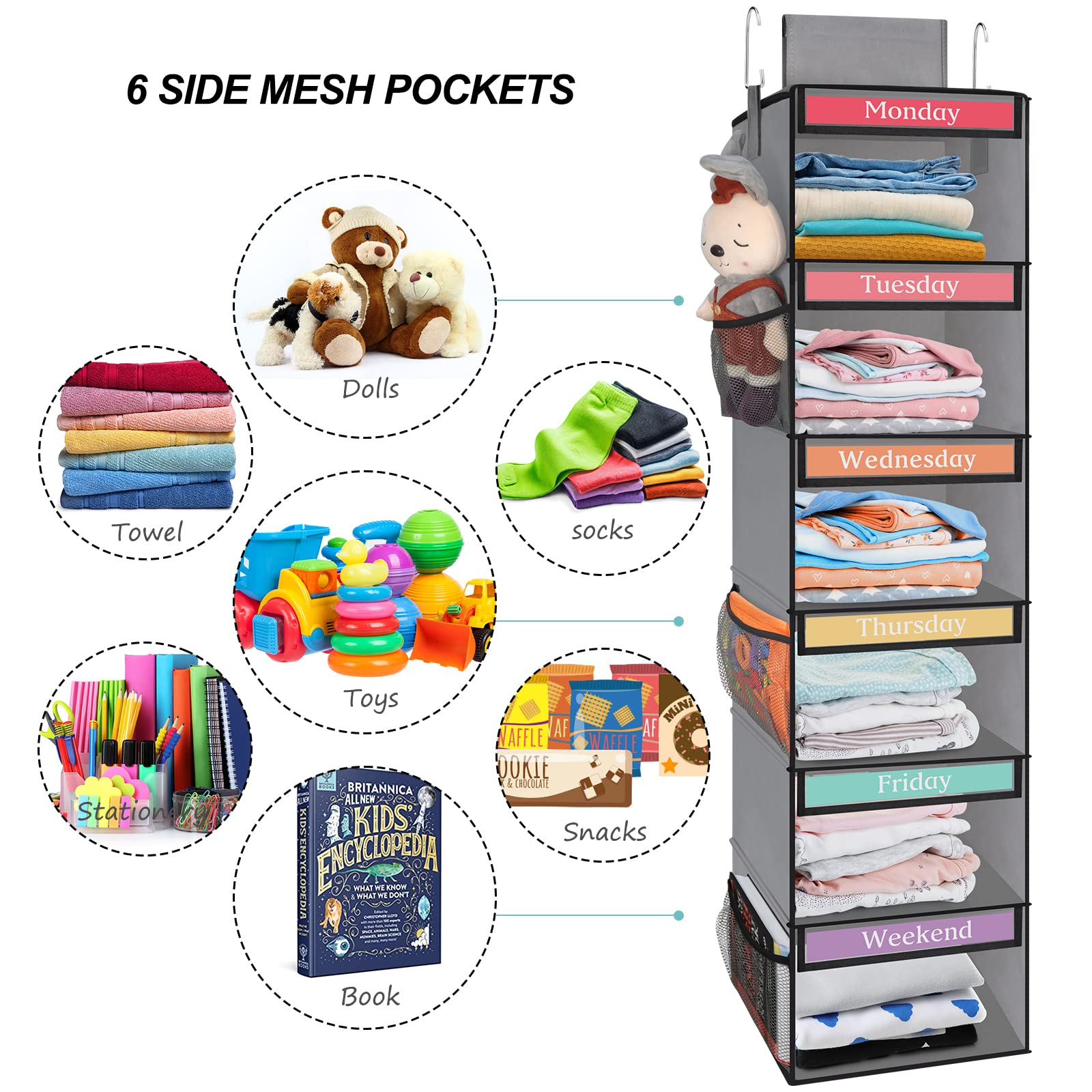 Fixwal 6-Shelf Weekly Hanging Closet Organizer for Kids with 6 Side Pockets, Weekday Kids Clothes Organizers Monday Through Friday Clothes Foldable Hanging Storage Shelves (Grey)