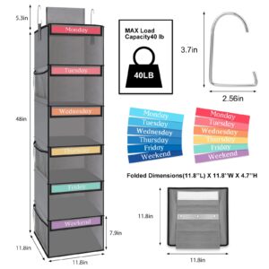 Fixwal 6-Shelf Weekly Hanging Closet Organizer for Kids with 6 Side Pockets, Weekday Kids Clothes Organizers Monday Through Friday Clothes Foldable Hanging Storage Shelves (Grey)