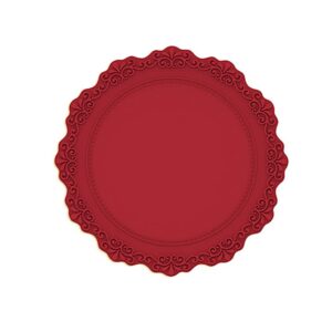 xslive round silicone placemats vintage decorative dish mats waterproof heat resistant non-slip placemats for dining table, 2 pack (red,9")