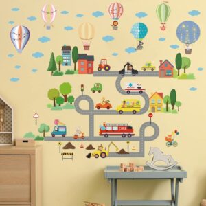 Supzone Car Road Wall Stickers City Transportation Wall Decal Hot Air Balloon Vehicles Wall Sticker for Kids Boys' Baby Nursery Bedroom Playroom Living Room Classroom Wall Decor