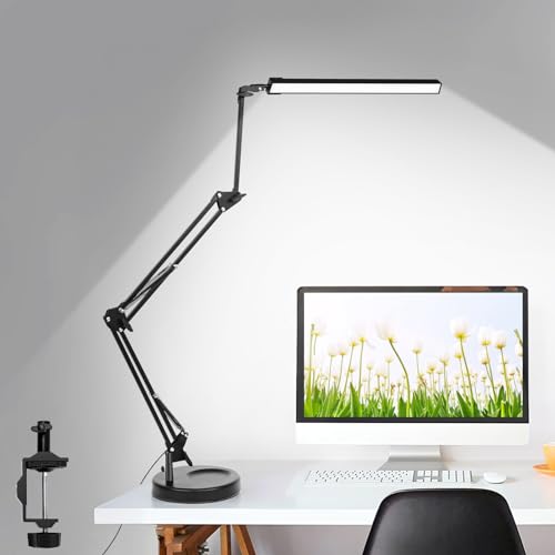 NOEVSBIG LED Desk Lamp with Clamp,2-in-1 Clamp on Desk Lamp with Base,50.7" Adjustable Swing Arm Architect Desk Lamp,Memory Function Desk Lights for Home Office,Workbench,Reading,Craft,Drafting