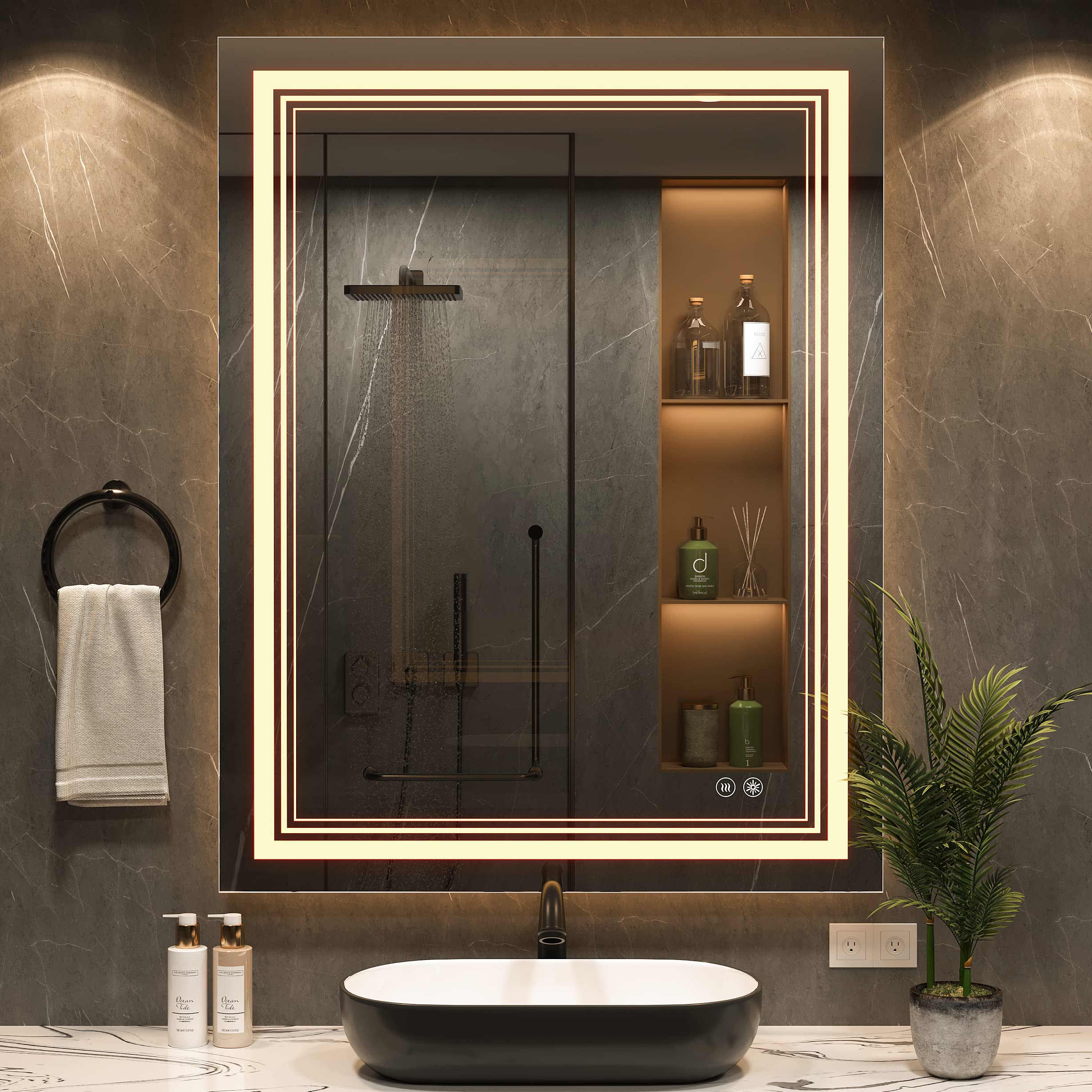 IOWVOE LED Bathroom Mirror 36 x 28 Inch with Front Light, Wall Mounted Lighted Vanity Mirror with Anti-Fog, Warm Lights, Memory Function (Horizontal/Vertical)