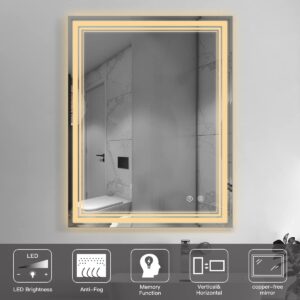 IOWVOE LED Bathroom Mirror 36 x 28 Inch with Front Light, Wall Mounted Lighted Vanity Mirror with Anti-Fog, Warm Lights, Memory Function (Horizontal/Vertical)