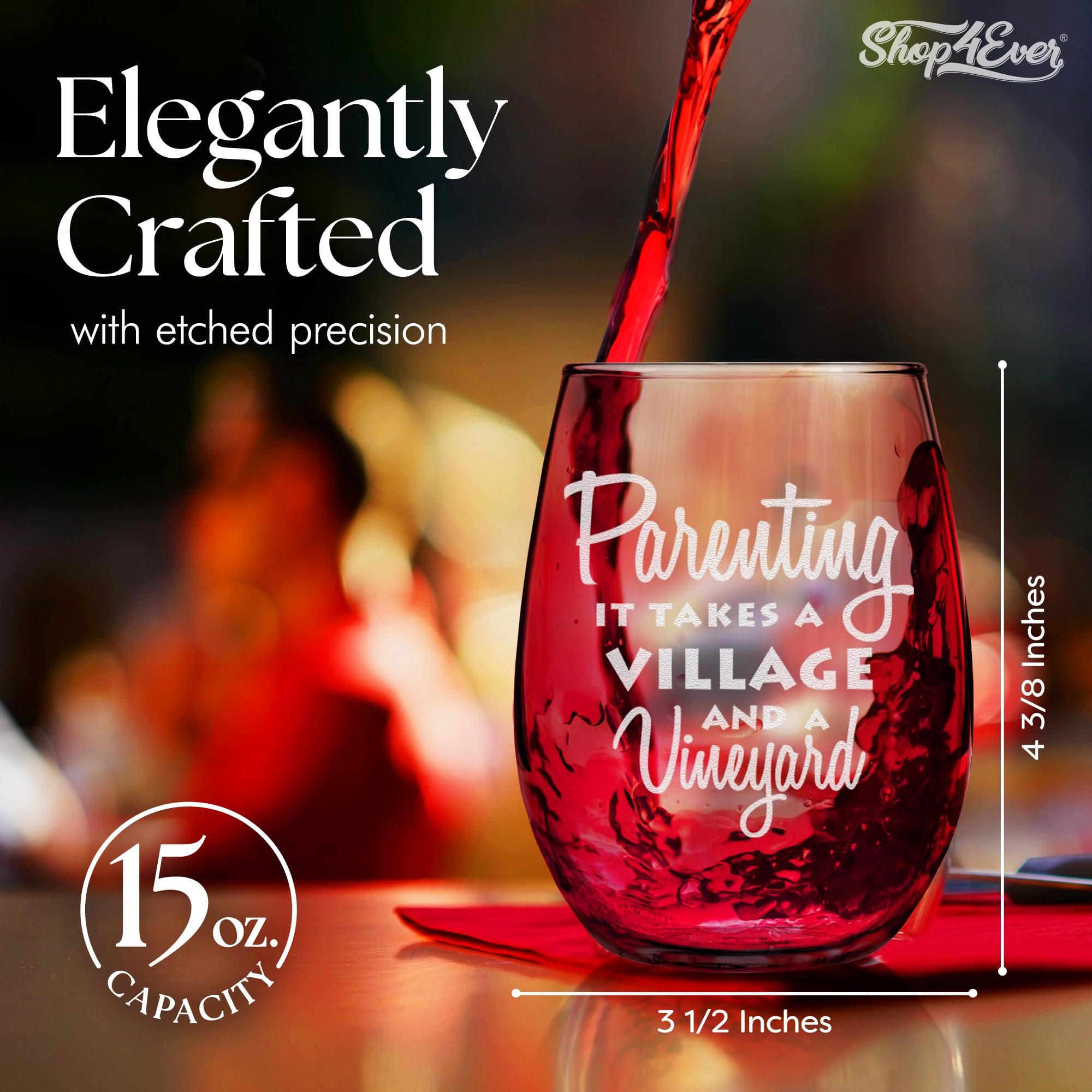 shop4ever Parenting it Takes a Village and a Vineyard Laser Engraved Stemless Wine Glass 15 oz. Gift for Mom