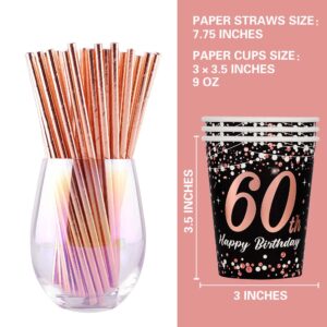 60th birthday decorations for women - (Total 121pcs) rose gold Birthday supplies Plates and Napkins, Cups, Straws, tablecloth, Disposable Tableware for 24 Guests