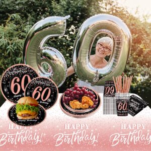 60th birthday decorations for women - (Total 121pcs) rose gold Birthday supplies Plates and Napkins, Cups, Straws, tablecloth, Disposable Tableware for 24 Guests