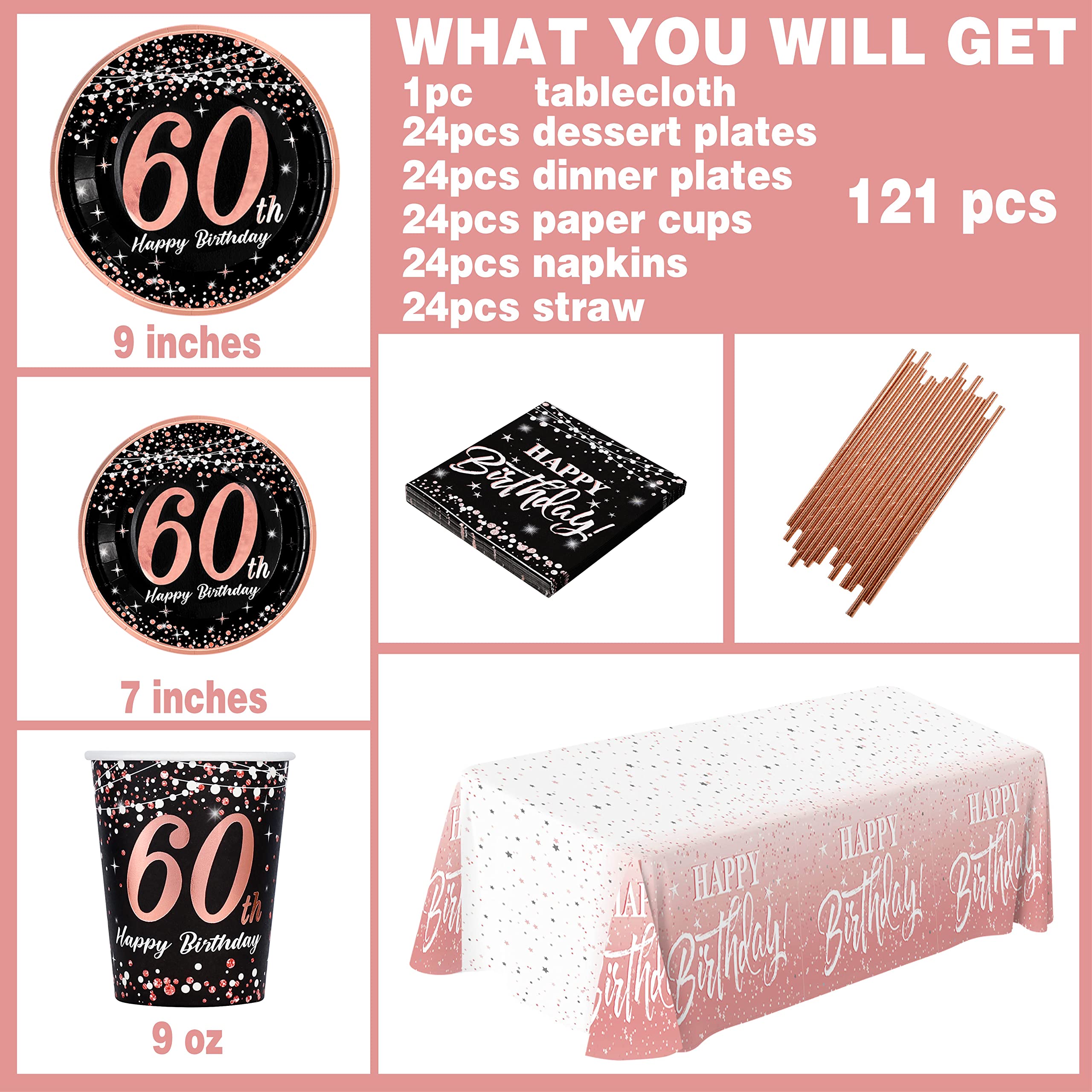 60th birthday decorations for women - (Total 121pcs) rose gold Birthday supplies Plates and Napkins, Cups, Straws, tablecloth, Disposable Tableware for 24 Guests