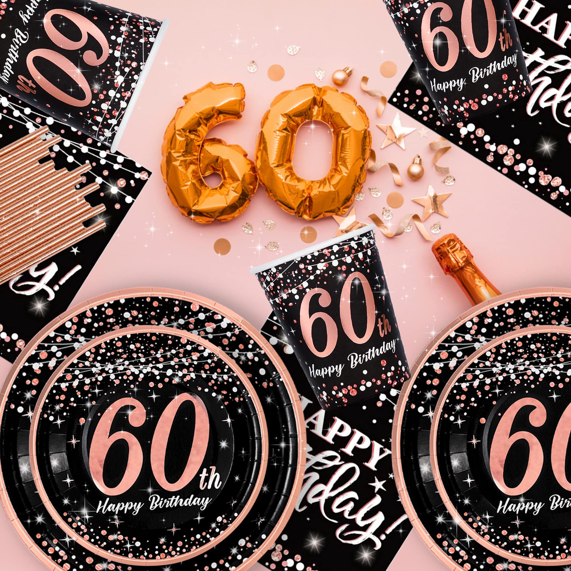 60th birthday decorations for women - (Total 121pcs) rose gold Birthday supplies Plates and Napkins, Cups, Straws, tablecloth, Disposable Tableware for 24 Guests