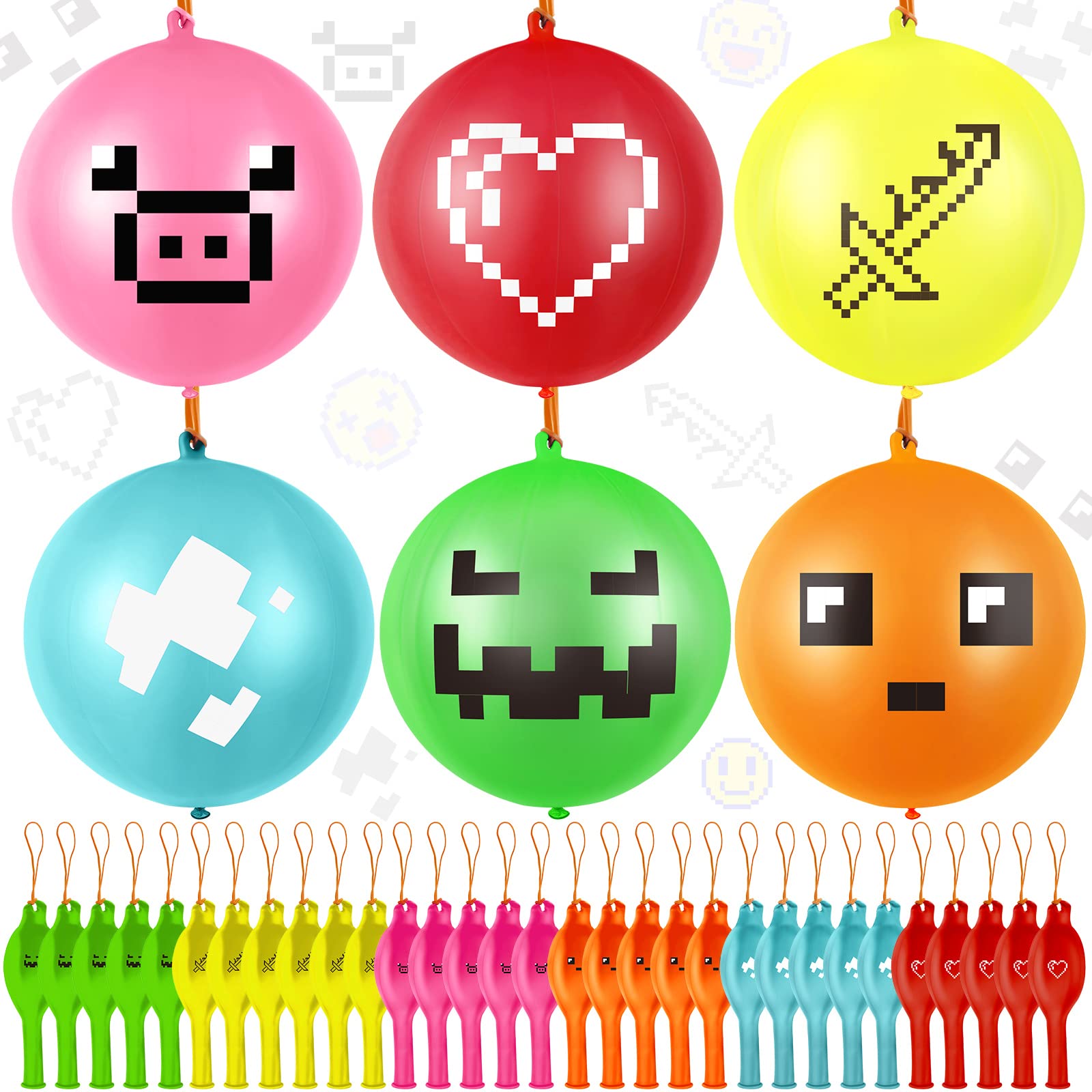 30 Pcs Pixelated Punch Balloons Colorful Latex Punch Ball Miner Video Game Party Favors Bounce Balloons with Rubber Band Handle for Birthday Party