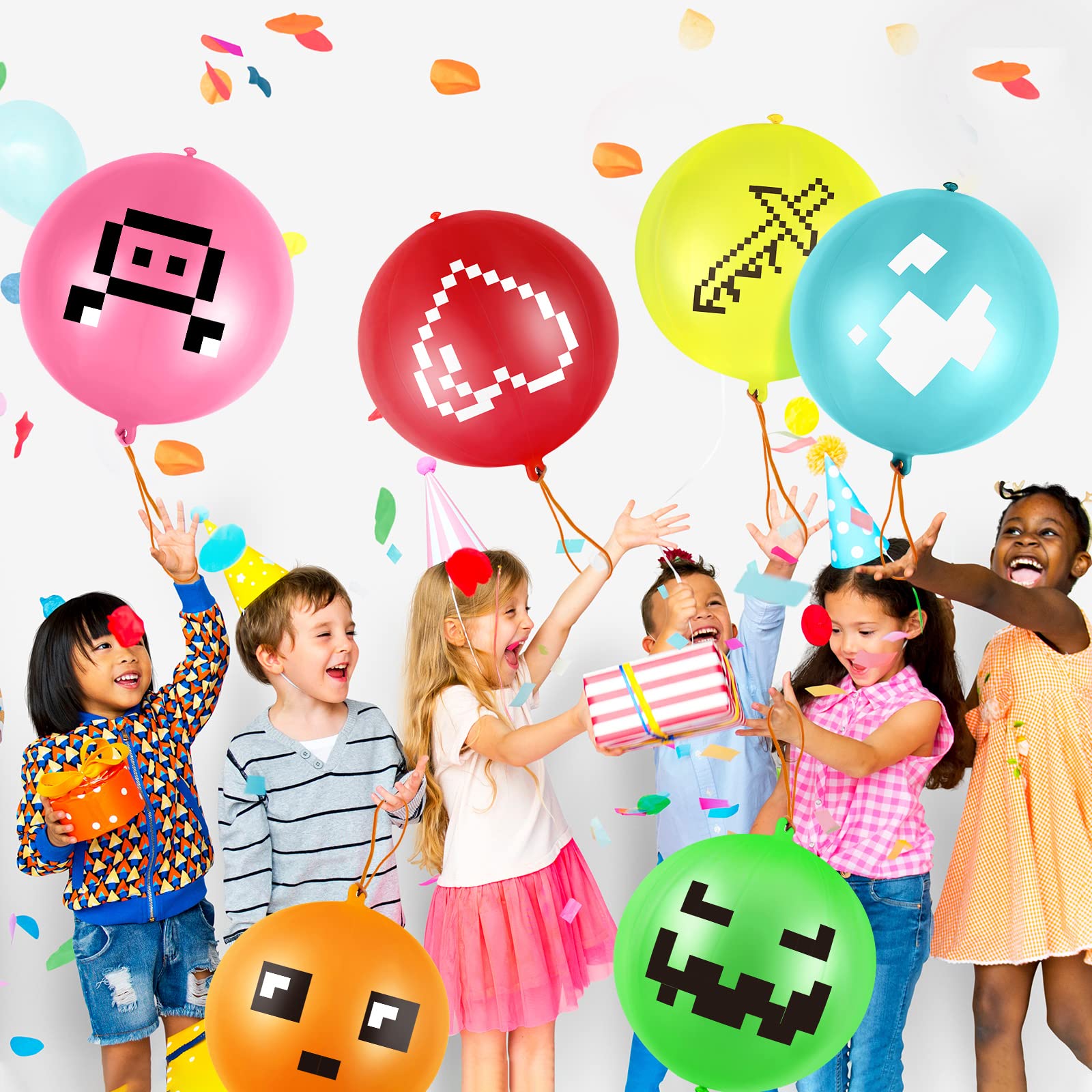 30 Pcs Pixelated Punch Balloons Colorful Latex Punch Ball Miner Video Game Party Favors Bounce Balloons with Rubber Band Handle for Birthday Party